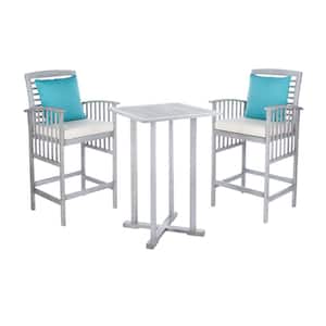Pate Grey Wash 3-Piece Wood Outdoor Bistro Set with White Cushions