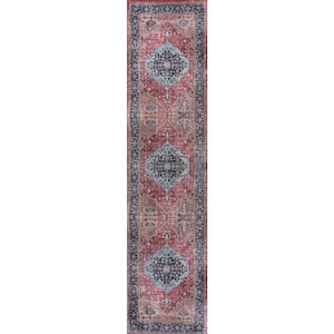 Alacati Ogee Medallion Machine-Washable Red/Blue/Brown 2 ft. x 8 ft. Runner Rug