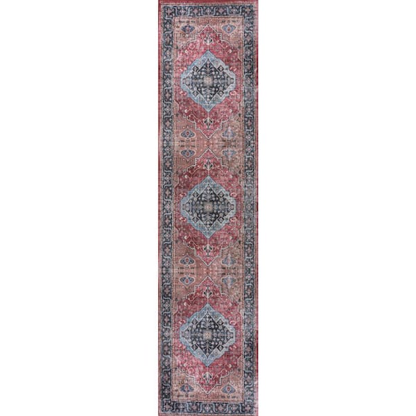Alacati Ogee Medallion Machine-Washable Red/Blue/Brown 2 ft. x 8 ft. Runner Rug