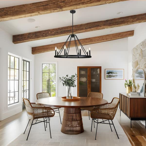Industrial 32.5 in. W 8-Light Matte Black Wagon Wheel Chandelier for Living Room, Farmhouse Round Hanging Pendant Light