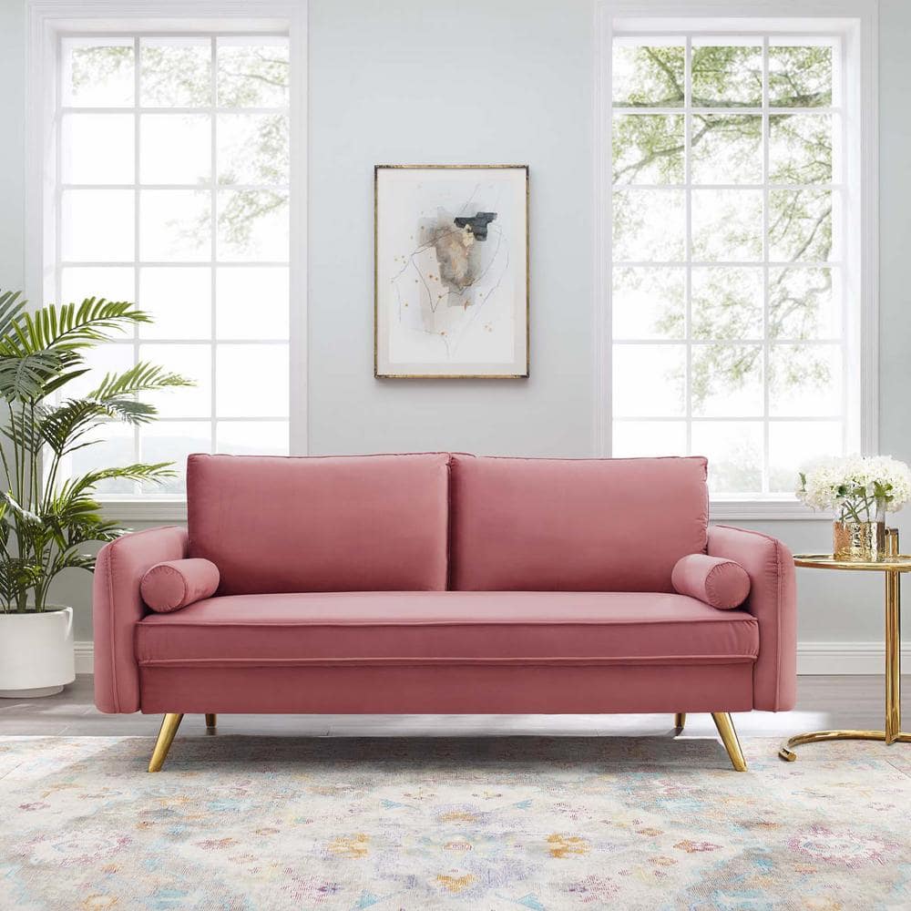 Dusty Rose Velvet Upholstered Sofa with Gold Legs