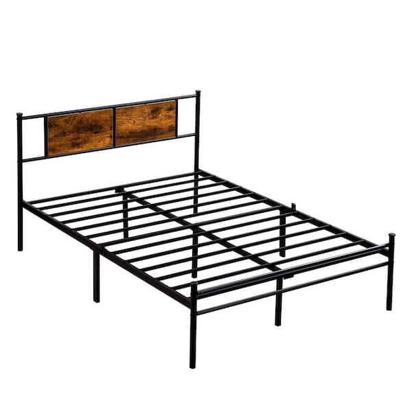 Black Metal Frame Queen Size Platform Bed with Wood Headboard Panel Decoration