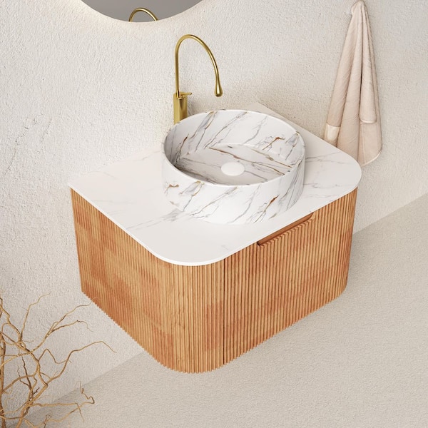 Loiry 24 in. Floating Natural Wood Bath Vanity with Ceramic Basin and White Artifical Marble Top Pre-assembled