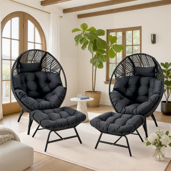 2-Piece Patio Furniture Wicker Outdoor Lounge Egg Chairs with Ottomans and Dark Gray Cushion for Garden