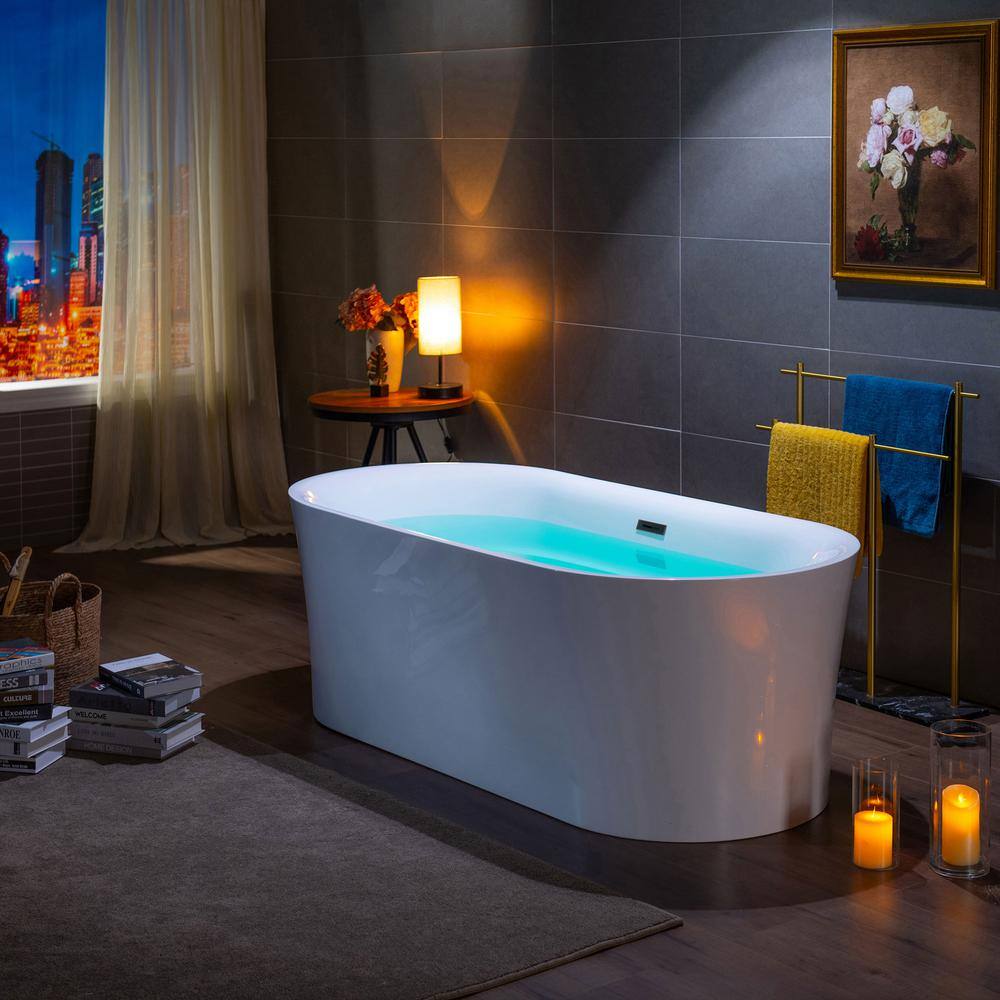 White Acrylic Oval Freestanding Soaking Bathtub with Center Drain