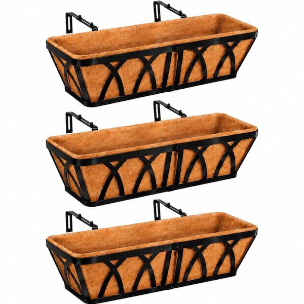 24 in. L x 7 in. W Deck Railing Planter Window Box with Coconut Coir Liner Metal Hanging Basket Outdoor 3 Pack