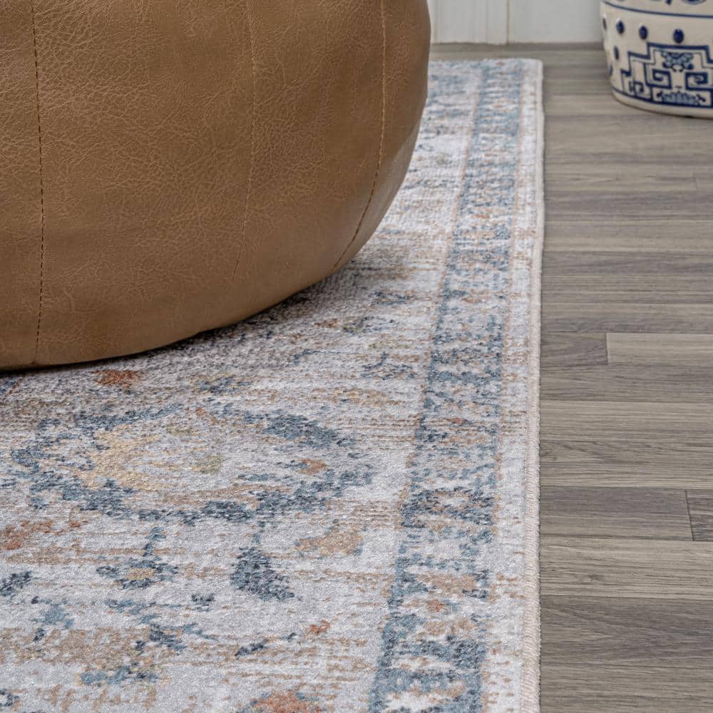 Light Gray and Blue Low-Pile Machine-Washable Rectangular Rug