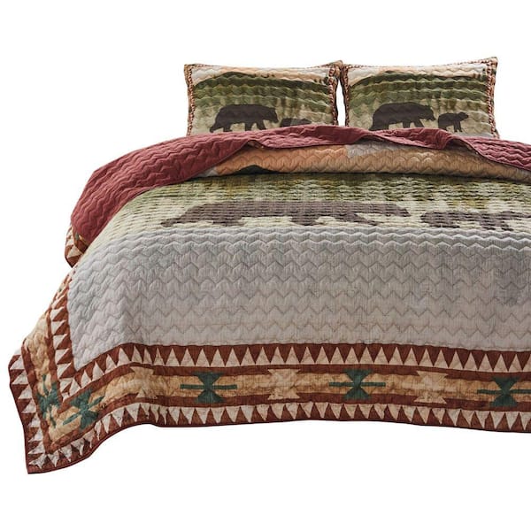 Benjara Kip 3-Piece Multi-Color Simple Bear Print Soft Microfiber King Quilt Set