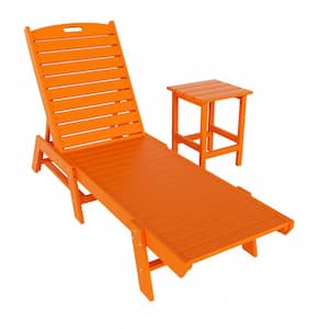 Laguna 2-Piece Orange Fade Resistant Poly HDPE Plastic Outdoor Patio Reclining Chaise Lounge Chair with Side Table Set