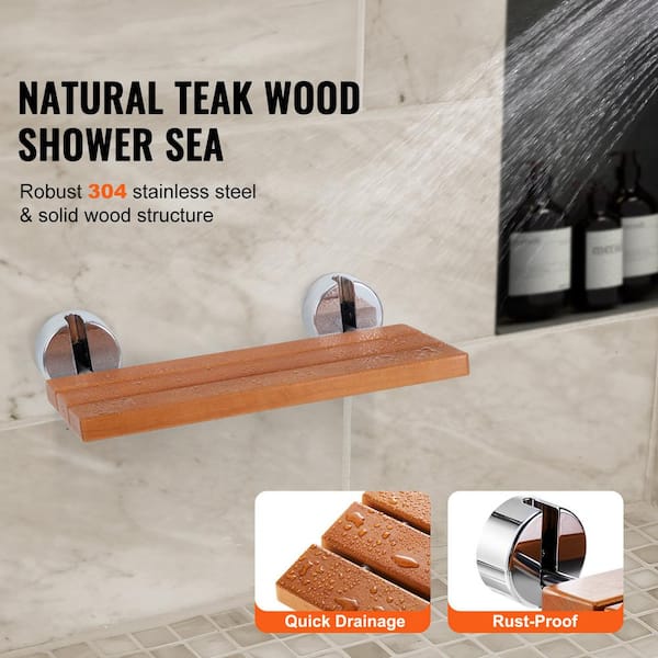 Folding Teak Shower Seat, 20.1 in. x 13.2 in. Wall-Mounted Bench, 440 lbs. Capacity, Space-Saving Fold-Down Chair