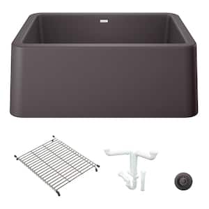 Ikon 27 in. Farmhouse/Apron-Front Single Bowl Cinder Granite Composite Kitchen Sink Kit with Accessories