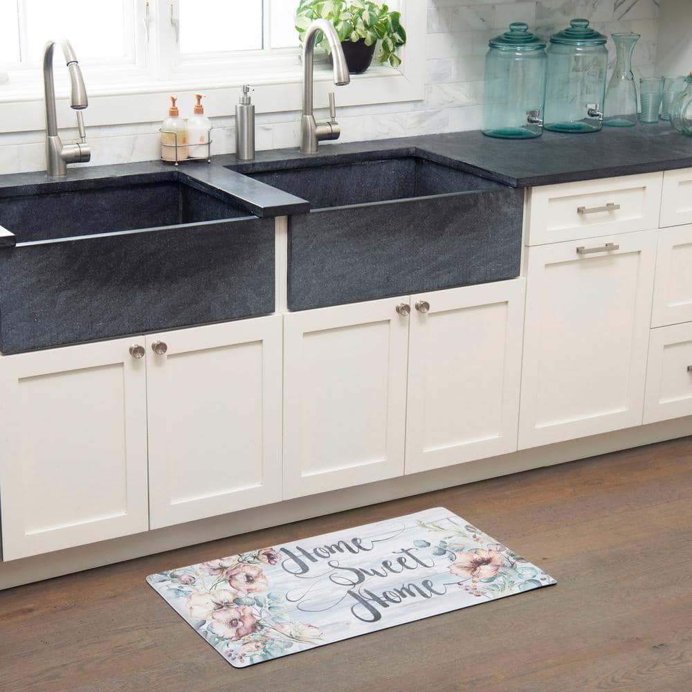 Grey and Blue Floral Anti-Fatigue Kitchen Mat