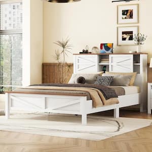 White and Brown Wood Frame Queen Size Platform Bed with Double Sliding Barn Door and Charging Station