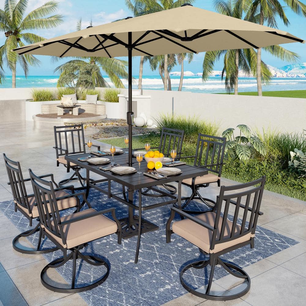 PHI VILLA 8-Piece Metal Outdoor Patio Dining Set with with Beige Cushions and Umbrella THD7-426049059 - The Home Depot