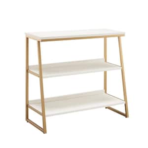 30.5 in. H Elegant White and Satin Gold Mixed Metal and Wood 3-Shelf Stepped Tier Accent Bookcase