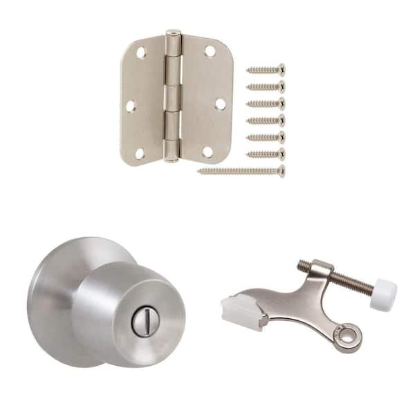 3-1/2 in. x 5/8 in. Satin Nickel Door Hinge (3-Pack), Door Knob, and Hinge Pin Door Stop