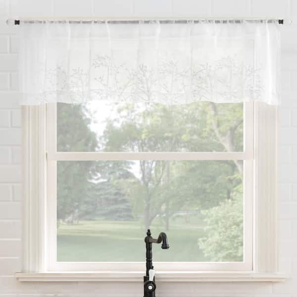 Madeira Embroidered Floral White 52 in. W x 14 in. L Rod Pocket Sheer Curtain Valance for Kitchens (Single Panel)