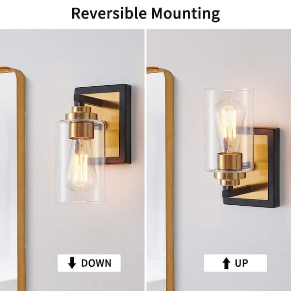 1-Light Painted Black and Plated Brushed Gold Wall Sconce with Clear Glass Shade
