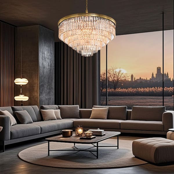 25-Light 39 in. Brushed Brass Luxury Round Crystal Chandelier with No Bulbs Included