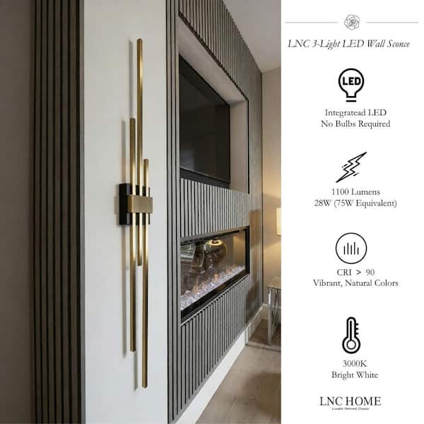 42.1 in. H 3-Light Plating Brass Large Linear LED Wall Sconce Modern Black Wall Lamp for Hallways,Living Room and Stairs