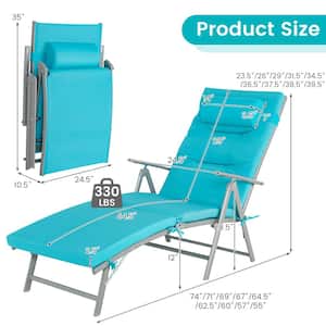 Metal Folding Outdoor Chaise Lounge Chair Recliner with Turquoise Cushion Pillow Adjustable