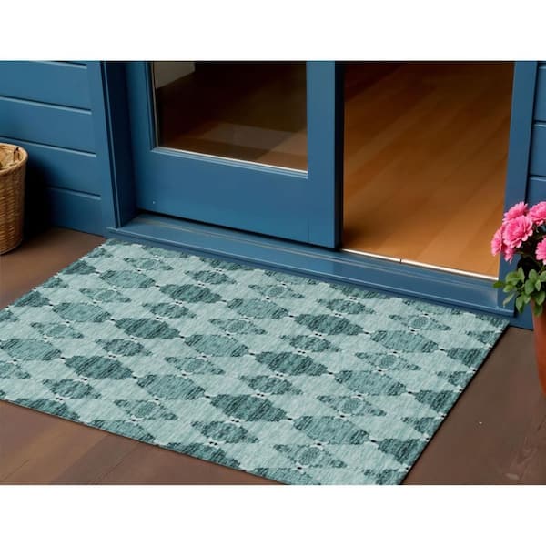 Teal Blue, Aqua, Charcoal 3 ft. x 5 ft. Woven Moroccan Polyester Rectangle Indoor/Outdoor Area Rug