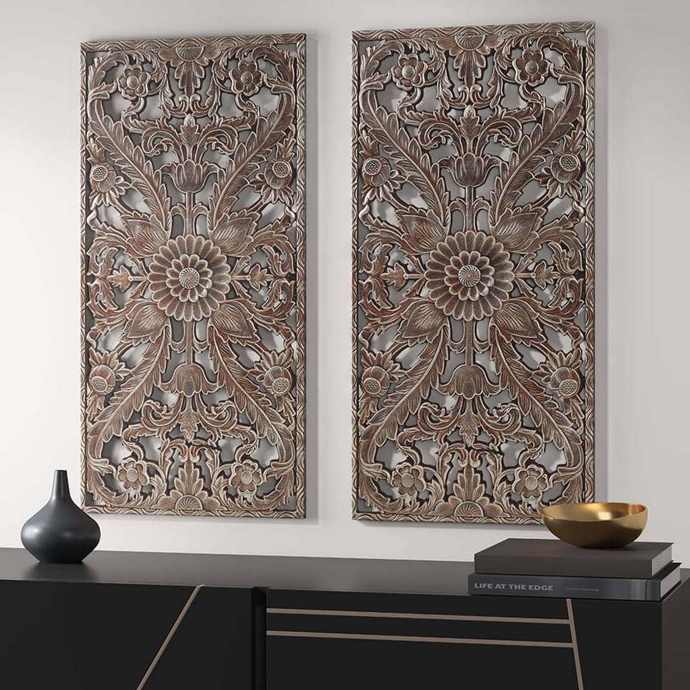 2-Piece 31.5 in. H x 15.75 in. W Bronze Wood Distressed Carved Wall Decor S