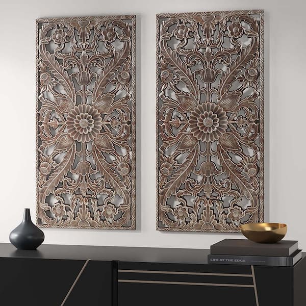 Unbranded 2-Piece 31.5 in. H x 15.75 in. W Bronze Wood Distressed Carved Wall Decor Set Wall Art Panels