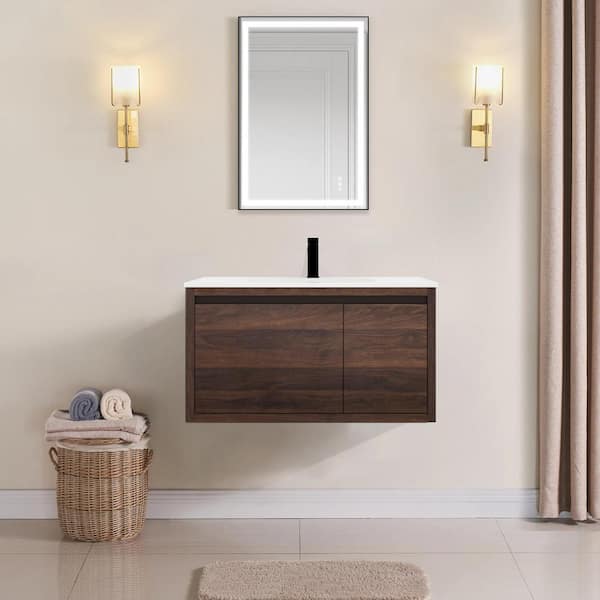 FUNKOL 36 in. W x 18 in. D x 19.4 in. H Modern Float Wall Mounted Bathroom Vanity with White Gel Sink, Drawer and Door in Brown