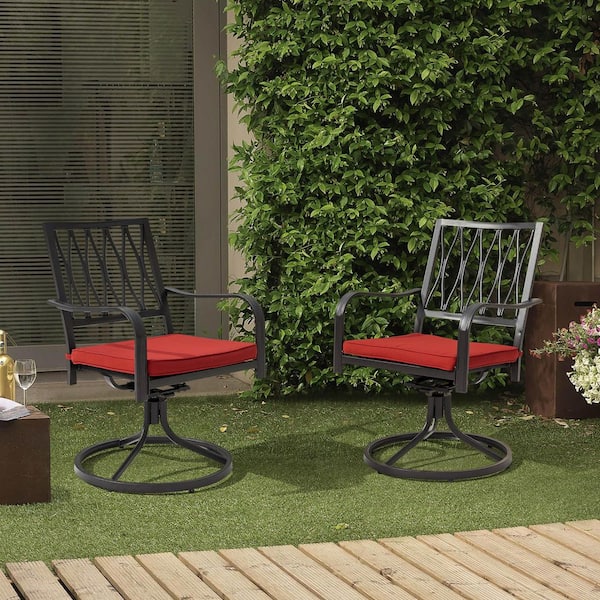 Black Metal Outdoor Dining Chairs with Red Cushions and Swivel Design (2-Pack)
