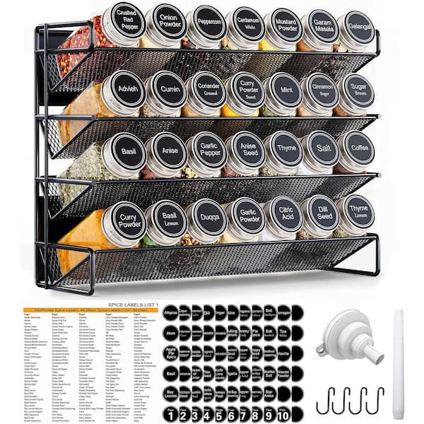 4-Shelf Black Magnetic Refrigerator Mount Spice Rack Organizer with 28 Spice Jar Set for Kitchen Storage
