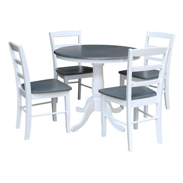 International Concepts 5-Piece Set White / Heather Gray 36 in. Round Solid Wood Top Dining Table with 4-Side Chairs