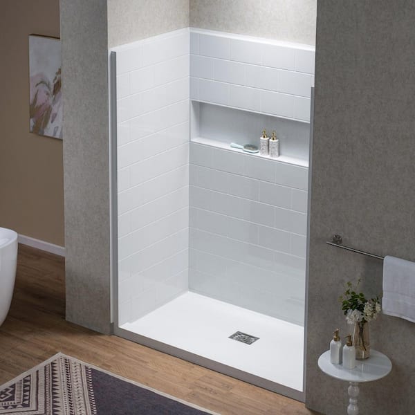 60 in. L x 32 in. W x 77.5 H Alcove Shower Kit-Shower Wall and Shower Pan with Center Drain in White/Brushed Nickel