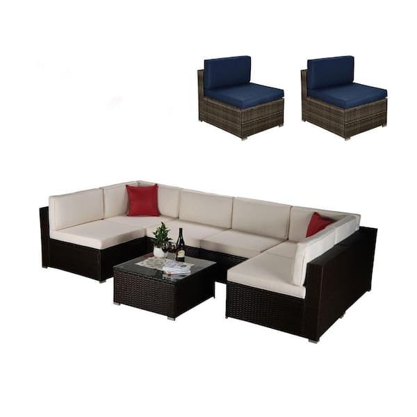maocao hoom Brown 9-Piece Wicker Patio Conversation Set with Beige Cushion