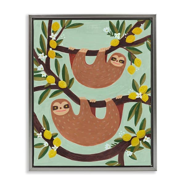 Stupell Industries Sloths on Lemon Tree Branches by Irene Chan Gray Floater Frame Animal Graphic Art Print 21 in. x 17 in.