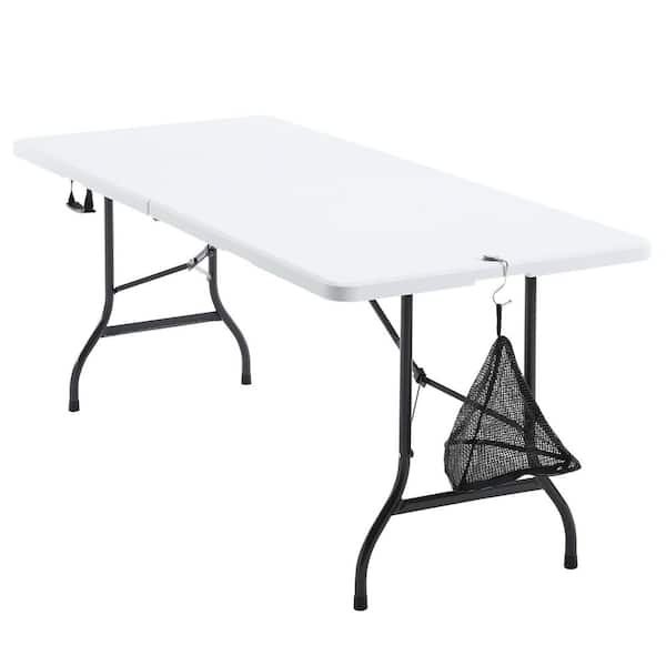 Folding Table 6FT Portable Plastic Top Table with Carry Handle and Mesh Trash Bag, Heavy Duty White Camp Dining Table