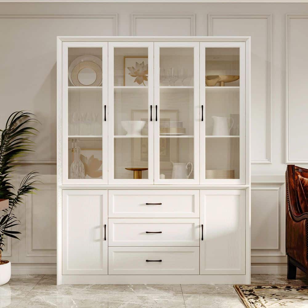 White Wood 61.8 in. x 79.6 in. Kitchen Pantry Cabinet with 4 Glass Doors, 3 Drawers, 2 Cabinets, Bookcase with 14-Shelf