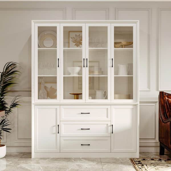White Wood 61.8 in. x 79.6 in. Kitchen Pantry Cabinet with 4 Glass Doors, 3 Drawers, 2 Cabinets, Bookcase with 14-Shelf