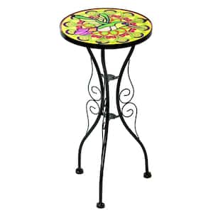 22 in. Hummingbird Design Glass and Metal Outdoor Side Table