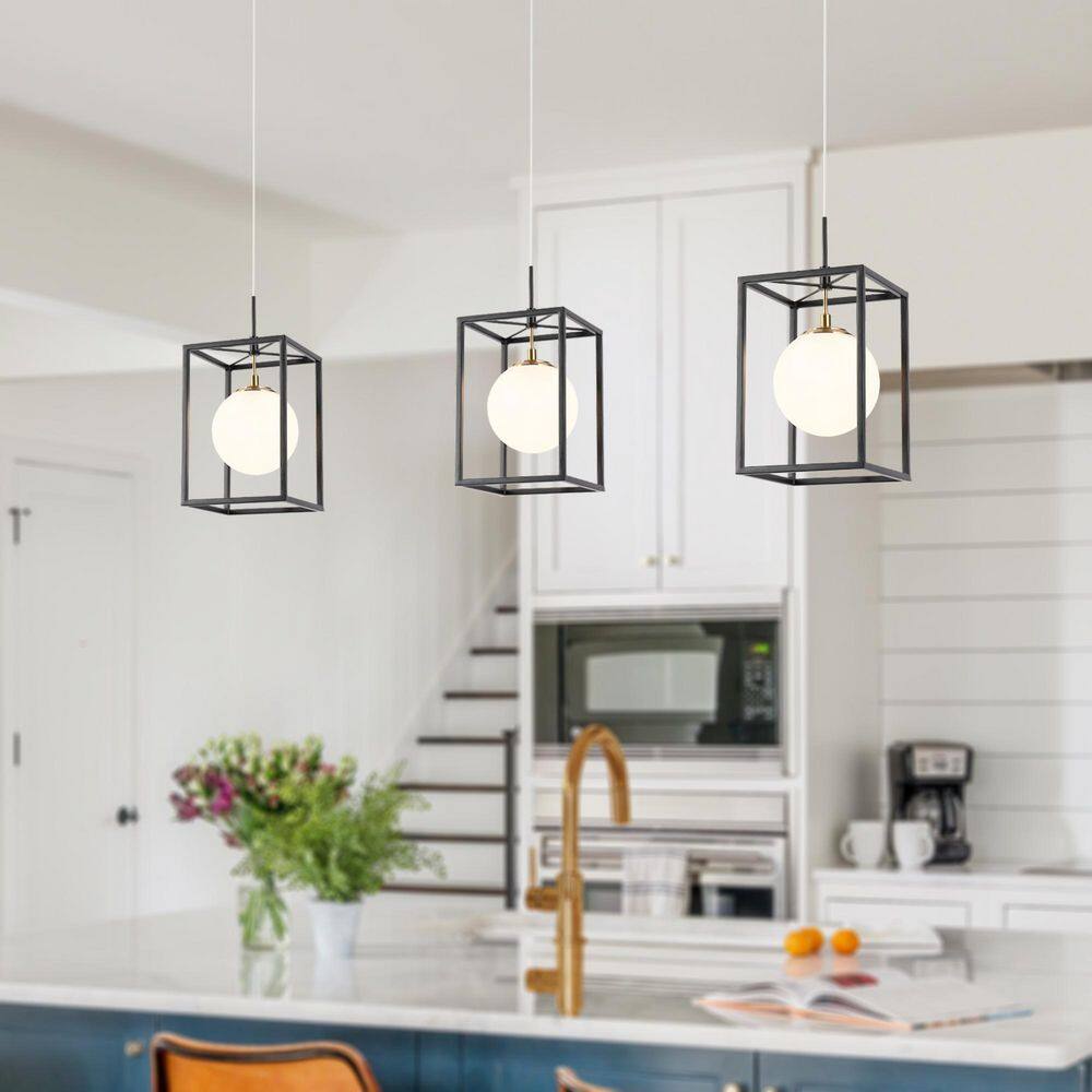 Modern Minimalist 6 in. 1-Light Black Cage Pendant Light with White Globe Glass, Brass LED Hanging Pendant Light Fixture price history on PriceWatchPro