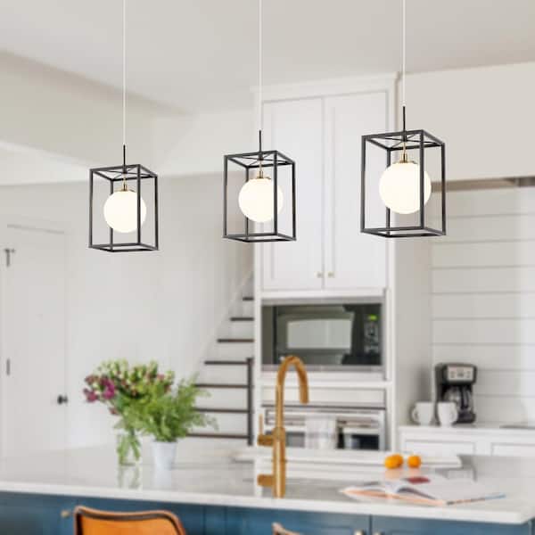 Modern Minimalist 6 in. 1-Light Black Cage Pendant Light with White Globe Glass, Brass LED Hanging Pendant Light Fixture