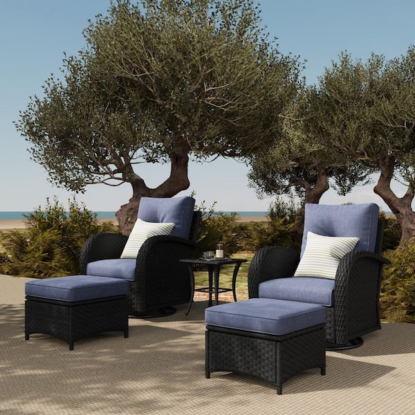 LayinSun 5-Piece Wicker Swivel Outdoor Rocking Chairs Patio Conversation Set with Navy Blue Cushion