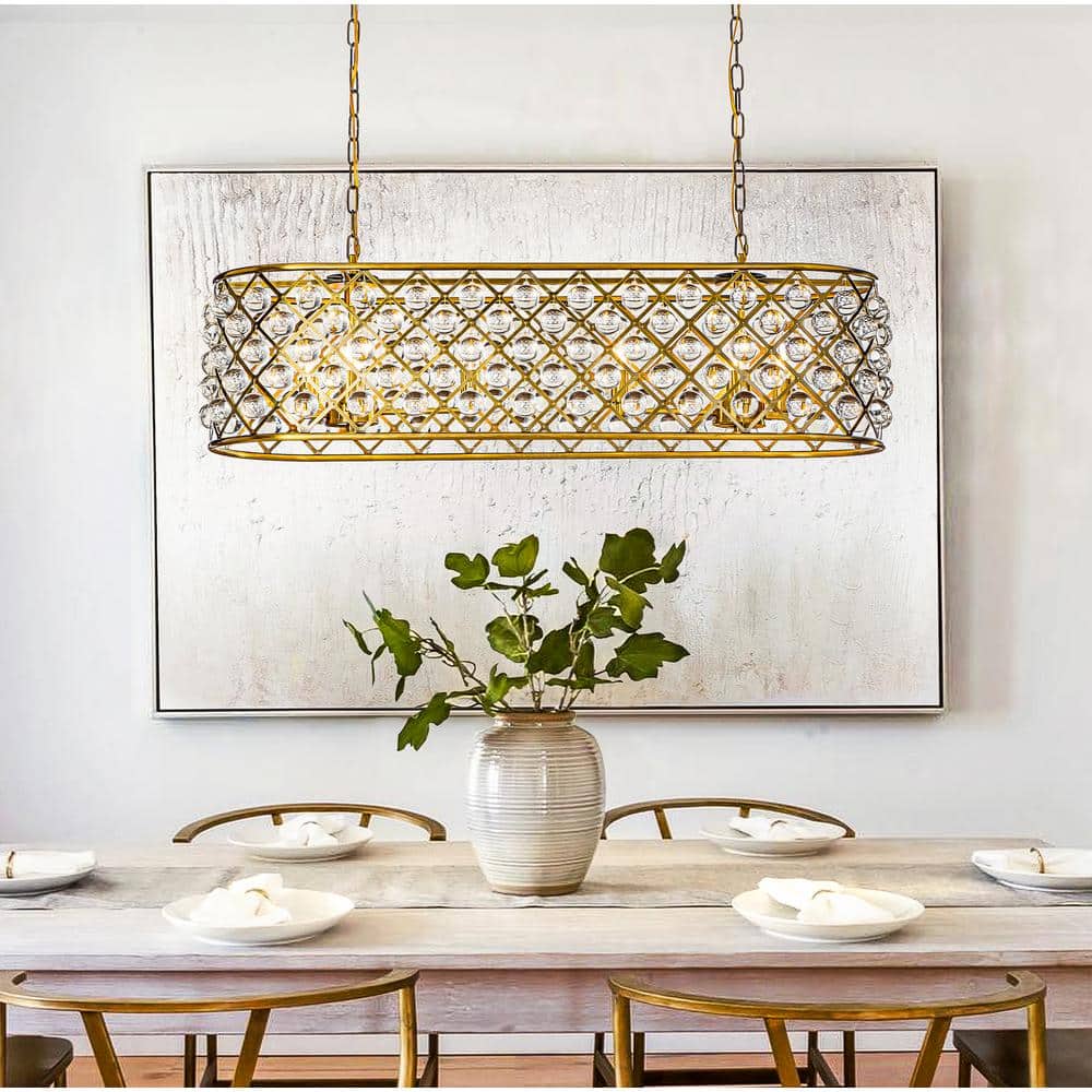 MOOONICHE Modern Chandeliers, Crystal Chandelier, 8 Light Round Pendant  Light Width Brass Metal + Clear Glass for Dining Room Kitchen Island D18.8”  x