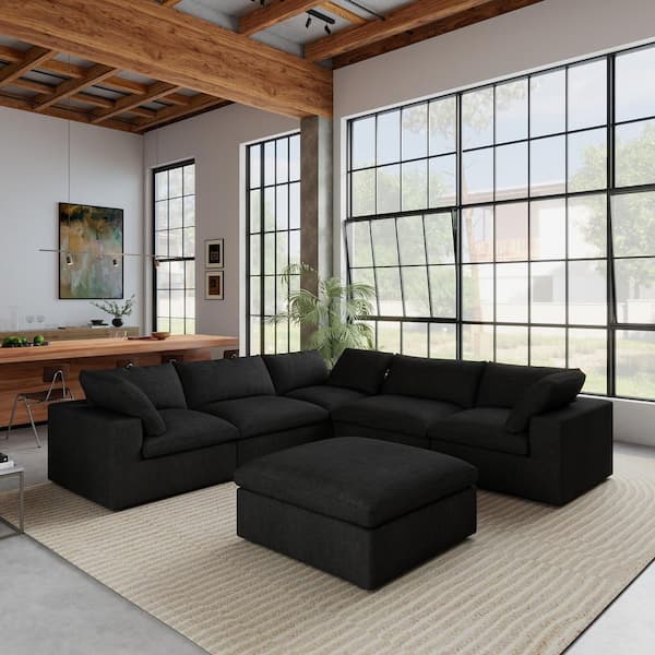 6-Piece 117.9 in. Square Arm Linen Modular Free Combination Sofa with Storage Ottoman in Black