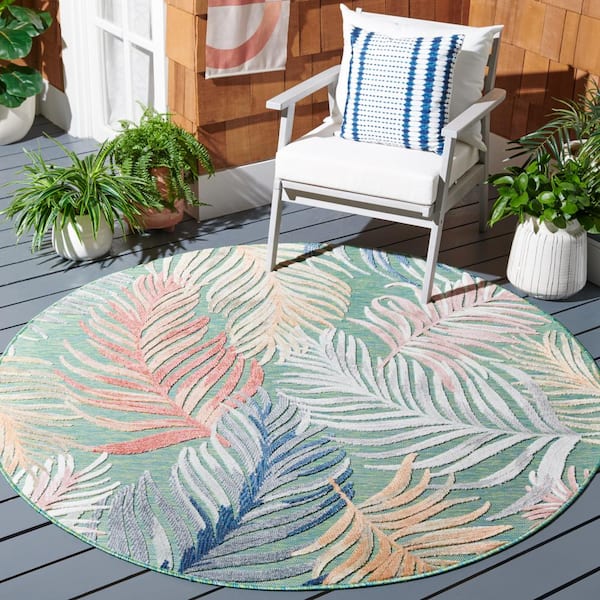 Cabana Green/Rust 3 ft. x 3 ft. High-Low Oversized Leaf Indoor/Outdoor Round Area Rug