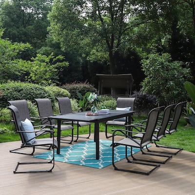 Black 9-Piece Metal Patio Outdoor Dining Set with Extendable Table and Textilene C-Spring Chairs