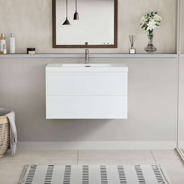 Abruzzo 36 in. W x 19-3/4 in. D x 22-1/5 in. H Bathroom Wall Hung Vanity in White with Single Basin Vanity Top in White Resin