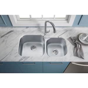 Undertone Preserve Undermount Scratch-Resistant Stainless Steel 35 in. Offset Double Bowl Kitchen Sink with Basin Rack