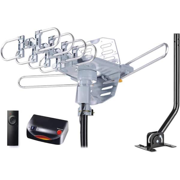 Long Range Amplified Outdoor TV Antenna with 360° Motorized Rotation and Remote Control in Black, Dual Outputs