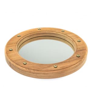 10.50 in. W x 10.50 in. H Round Wall Mounted Teak Wood Mirror with Nautical Rivets